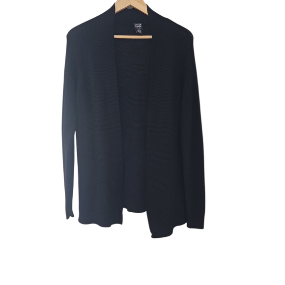 Eileen Fisher 100% Wool Open Front Black Cardigan Sz XS Oversized Stretch Knit - Picture 1 of 12